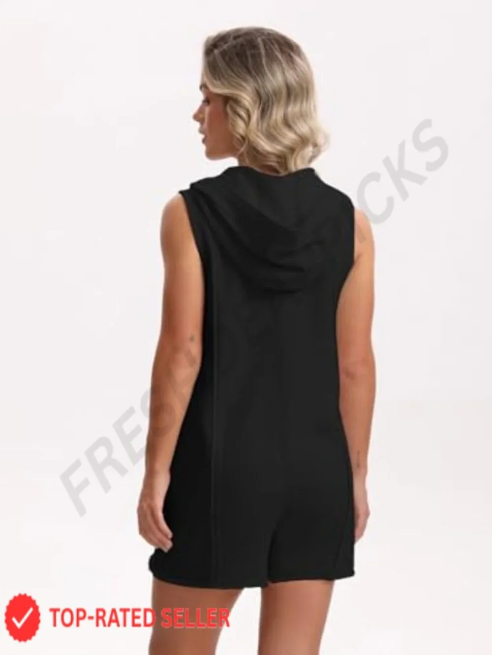 Women's Sleeveless Hooded Romper Jumpsuit with Pockets Zip-Front Casual Athletic